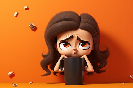 Whimsical morning: animated female character savoring a cup of coffee, blending charm and vibrancy of creative storytelling and lively expressionsの素材