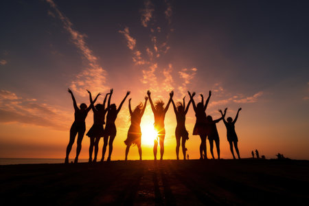Peak triumph: silhouettes a top mountain, joyous group celebrates team success, embodying shared victories, harmonious collaboration, euphoria of collective achievement in nature's majestic embraceの素材