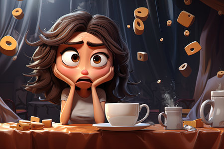 Whimsical morning: animated female character savoring a cup of coffee, blending charm and vibrancy of creative storytelling and lively expressionsの素材