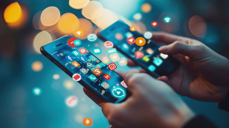 Internet, social networking connections, online communication, gadgets devices, phones chats, social media day, Connecting people through advanced technology, correspondence conversations.の素材