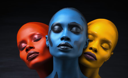 Vibrant image, few women artfully pose, their bodies immersed in vivid paint, creating a living canvas of expressive and colorful artistic beauty embodying an expressive and dynamic visual spectacleの素材