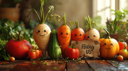 Joyful produce: cartoon characters, happy cute vegetables, and fruits holding a sign 'Eating Us.' A whimsical portrayal promoting the concept of proper nutrition and a healthy lifestyleの素材