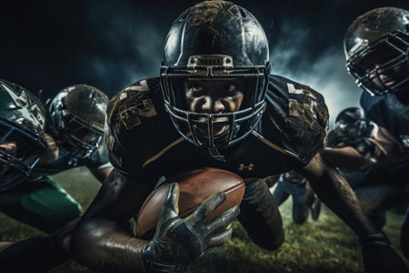 American football: a dynamic collision of strategy, strength, and skill, the essence of gridiron prowess, team unity, and the fervor of a quintessential American sport.の素材