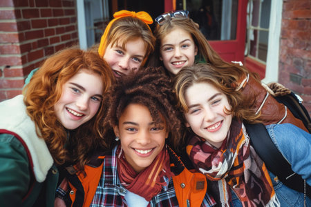 Nostalgic school days: a vibrant glimpse into the 1990s with schoolchildren and teenagers, capturing the essence of youth culture, education, friendships, and iconic fashion.の素材