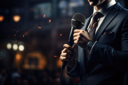 A journalist with a microphone, exploring stories, conducting interviews, and amplifying diverse perspectives through the power of audio storytelling in the dynamic world of mediaの素材