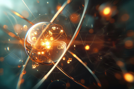 Atomic dance: subatomic realm, electrons, neutrons, and protons orbit a fixed nucleus in a model empty space within atoms, showcasing set, predictable paths in the intricate world of particle physics.の素材