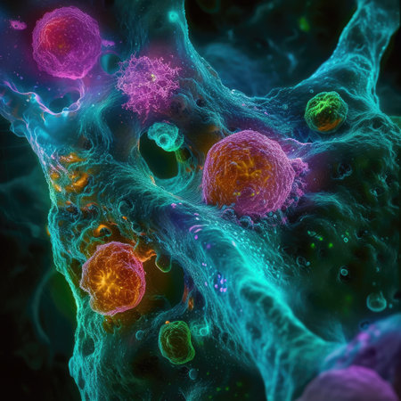 Cancer cells: a microscopic intricate world of cellular anomalies, a glimpse into the scientific realm of pathology, oncology, medical research unraveling complexities of this challenging health condition.の素材