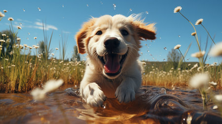 Whimsical wonder: adorable animation brings to life a cute and funny golden retriever puppy in a charming cartoon adventure full of playful antics and heartwarming momentsの素材