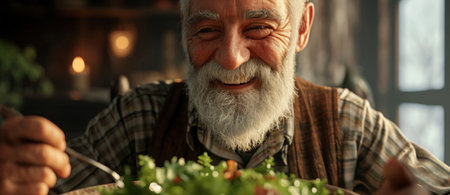 Capturing vitality: a heartwarming portrayal of a cheerful older person embracing a healthy and happy lifestyle through proper nutrition, radiating joy and wellbeing in their golden years.の素材