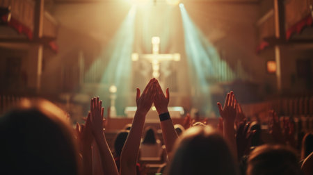 Capturing divine moments: church worship concept Christians, raised hands, earnestly pray and worship to cross in the sacred ambiance of a church building, expressing faith and spiritual connectionの素材