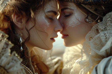 Capturing passion in the renaissance, Victorian, and baroque era: a timeless love story portrayed by a couple in vintage attire, embracing the elegance, romance, and nostalgia of historical periodsの素材