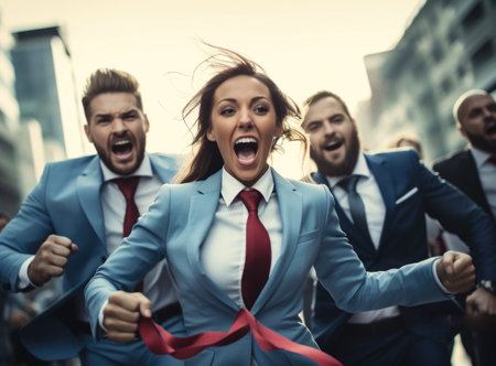 Corporate marathon triumph: businesspeople group in suits crossing finish line, embodying struggle for success, determination, and teamwork in the competitive world of business and beyond.の素材