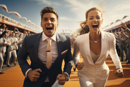 Corporate marathon triumph: businesspeople group in suits crossing finish line, embodying struggle for success, determination, and teamwork in the competitive world of business and beyond.の素材