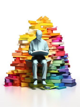 Immersing in narratives: a 3d animated character reading a book, education , immersed in the world of literature, act of readingの素材
