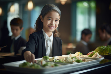 A schoolchild in the school cafeteria. Time of lunch break, peculiarities of the school meal, snackの素材
