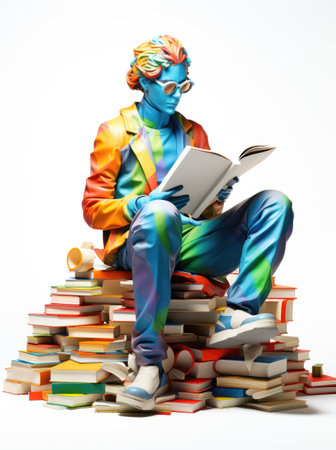Immersing in narratives: a 3d animated character reading a book, education , immersed in the world of literature, act of readingの素材