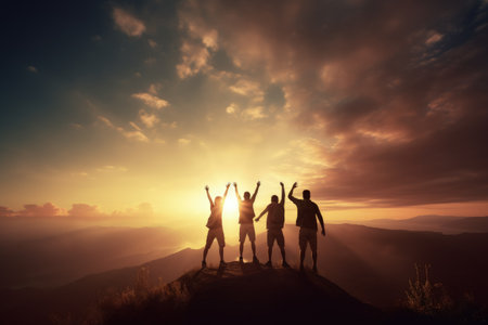 Peak triumph: silhouettes a top mountain, joyous group celebrates team success, embodying shared victories, harmonious collaboration, euphoria of collective achievement in nature's majestic embraceの素材