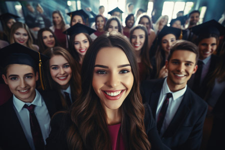 Global smiles: capturing joy in group selfies of cheerful and happy young people diverse nationalities, celebrating unity, friendship, cultural harmony in shared moments of happiness and togethernessの素材