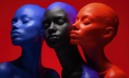 Vibrant image, few women artfully pose, their bodies immersed in vivid paint, creating a living canvas of expressive and colorful artistic beauty embodying an expressive and dynamic visual spectacleの素材
