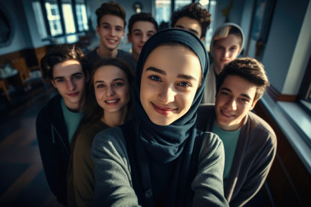 Global smiles: capturing joy in group selfies of cheerful and happy young people diverse nationalities, celebrating unity, friendship, cultural harmony in shared moments of happiness and togethernessの素材