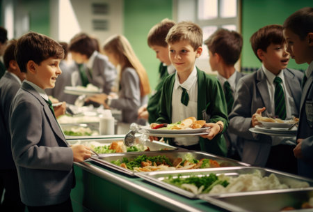 A schoolchild in the school cafeteria. Time of lunch break, peculiarities of the school meal, snackの素材