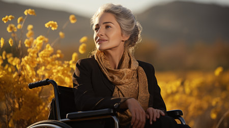 Navigating life's journey: a pensioner in a wheelchair embracing mobility with resilience and grace, embodying the spirit of aging with dignity and strength in every rollの素材