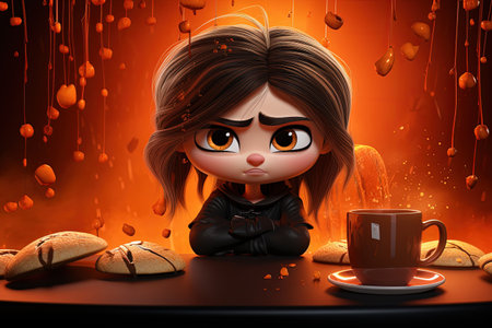 Whimsical morning: animated female character savoring a cup of coffee, blending charm and vibrancy of creative storytelling and lively expressionsの素材