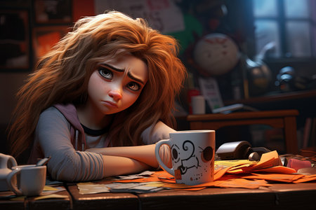 Whimsical morning: animated female character savoring a cup of coffee, blending charm and vibrancy of creative storytelling and lively expressionsの素材