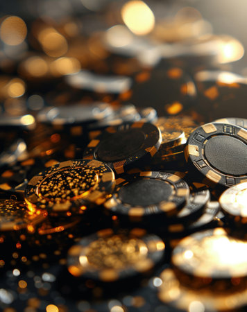 Virtual online casino concept, gaming, currency entertainment, gambling symbols, nightlife, deluxe symbol, betting chips playing cards, live poker digital entertainment, banner wallpaper backgroundの素材