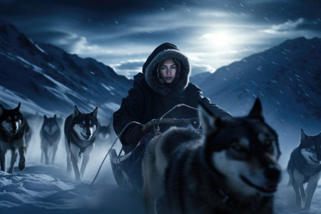 Frozen journey, person with sled of dogs traverses snowy antarctica, an epic adventure through icy landscapes with loyal canine companions, exploring the remote and pristine wildernes.の素材