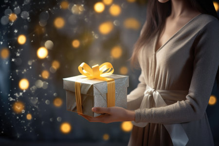 Elegant woman holding a wrapped gift, congratulations, gold. The scene is adorned with a touch of gold, adding a luxurious and celebratory ambiance to the momentの素材