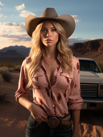 Elegant beauty of a cowgirl: grace meets grit, prairie echoes with the allure of a free-spirited, beautiful woman serene charm of a pretty girl, portrait of graceの素材