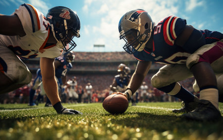 American football: a dynamic collision of strategy, strength, and skill, the essence of gridiron prowess, team unity, and the fervor of a quintessential American sport.の素材