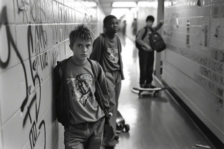 Nostalgic school days: a vibrant glimpse into the 1990s with schoolchildren and teenagers, capturing the essence of youth culture, education, friendships, and iconic fashion.の素材