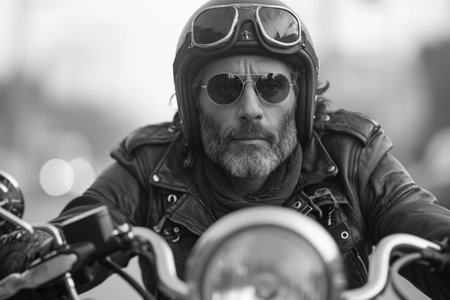 Portrait of a male biker, strength freedom, and individuality on the open road, adventurous spirit and the rebellious allure of the motorcycle, masculinity in motion.の素材