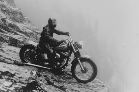 Portrait of a male biker, strength freedom, and individuality on the open road, adventurous spirit and the rebellious allure of the motorcycle, masculinity in motion.の素材