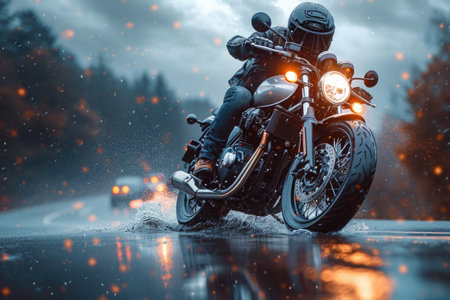 Portrait of a male biker, strength freedom, and individuality on the open road, adventurous spirit and the rebellious allure of the motorcycle, masculinity in motion.の素材