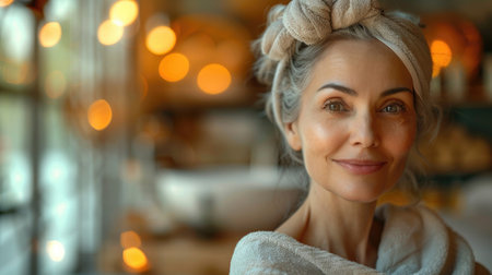 Tranquil spa retreat: rejuvenating body care for lovely elderly woman amidst steam room, sauna, and water treatments, promoting relaxation and skin rejuvenation.の素材