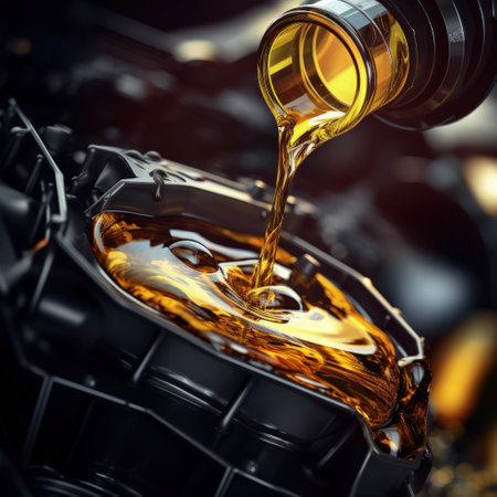 Motor oil in the mechanism of a car engine: care for durability and efficiency. car engine with lubricant oil on repairing. Concept of lubricated motor oil.の素材