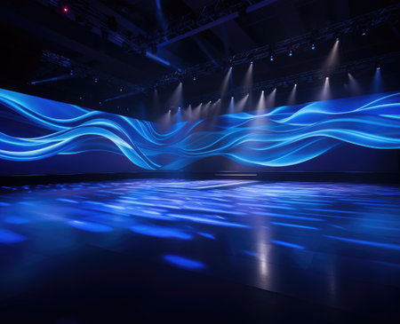 Electrifying stage: mesmerizing scenes LED panels, holographic displays, laser lights, ample copy space, dynamic banners, creating visual symphony for immersive events and cutting-edge presentationsの素材