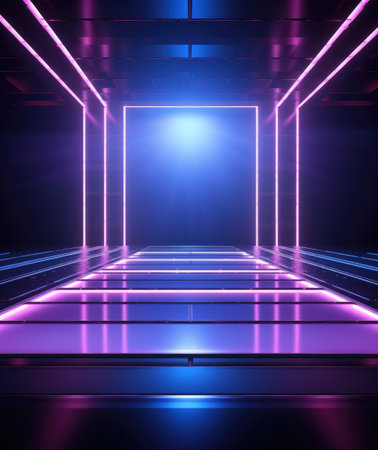 Electrifying stage: mesmerizing scenes LED panels, holographic displays, laser lights, ample copy space, dynamic banners, creating visual symphony for immersive events and cutting-edge presentationsの素材
