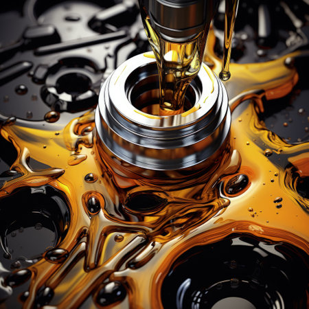 Motor oil in the mechanism of a car engine: care for durability and efficiency. car engine with lubricant oil on repairing. Concept of lubricated motor oil.の素材