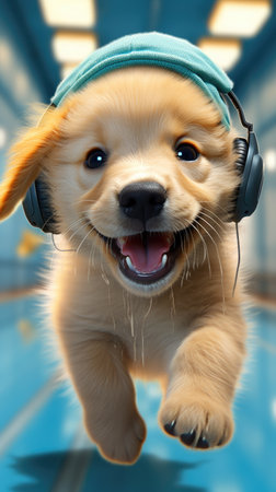 Whimsical wonder: adorable animation brings to life a cute and funny golden retriever puppy in a charming cartoon adventure full of playful antics and heartwarming momentsの素材