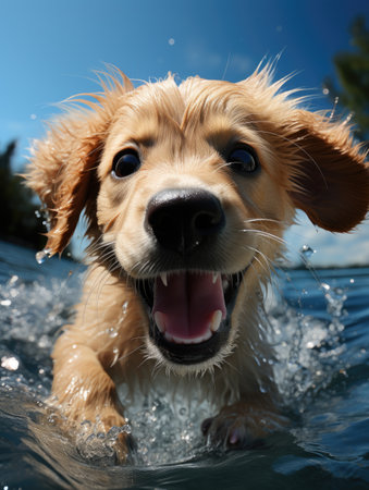 Whimsical wonder: adorable animation brings to life a cute and funny golden retriever puppy in a charming cartoon adventure full of playful antics and heartwarming momentsの素材