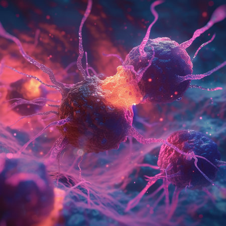 Cancer cells: a microscopic intricate world of cellular anomalies, a glimpse into the scientific realm of pathology, oncology, medical research unraveling complexities of this challenging health condition.の素材