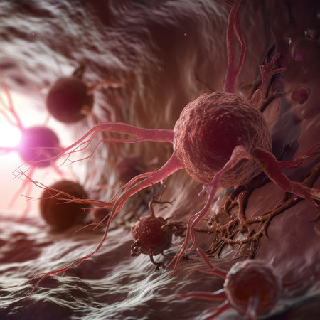 Cancer cells: a microscopic intricate world of cellular anomalies, a glimpse into the scientific realm of pathology, oncology, medical research unraveling complexities of this challenging health condition.の素材