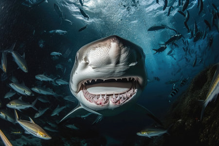 Menacing beauty: underwater world with the shark predator, a captivating glimpse into the fierce, powerful, and mysterious realm of marine life, where danger and elegance coexist.の素材