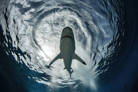 Menacing beauty: underwater world with the shark predator, a captivating glimpse into the fierce, powerful, and mysterious realm of marine life, where danger and elegance coexist.の素材