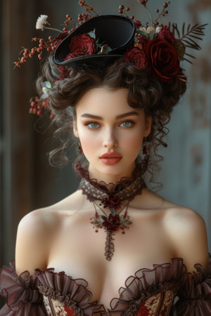 Elegant vintage: woman in baroque renaissance style clothing reminiscent of the Victorian era, a timeless portrayal of grace and sophistication in historical fashion 19th centuryの素材