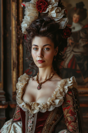 Elegant vintage: woman in baroque renaissance style clothing reminiscent of the Victorian era, a timeless portrayal of grace and sophistication in historical fashion 19th centuryの素材